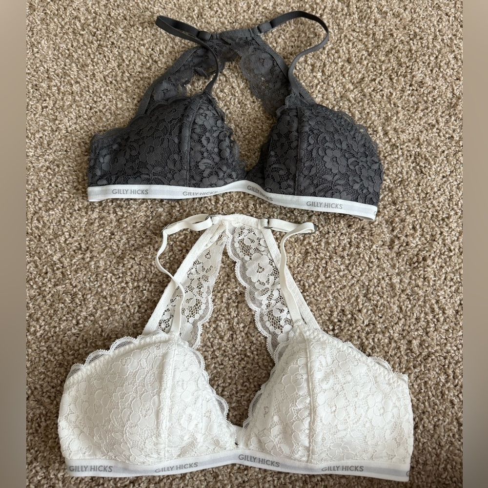 Gilly Hicks Charcoal and Ivory Lace Halter-Neck Bralette Set